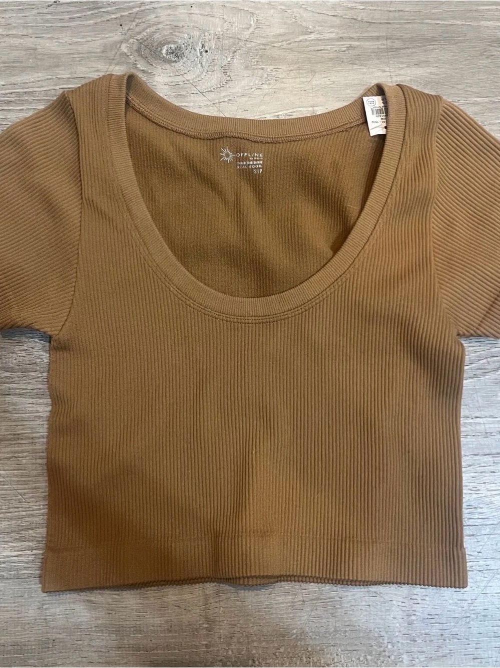 aerie Ribbed Scoop-Neck Crop Top in Camel Brown